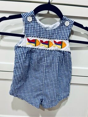 Blue Gingham Fish Appliqué Baby One-Piece 12m